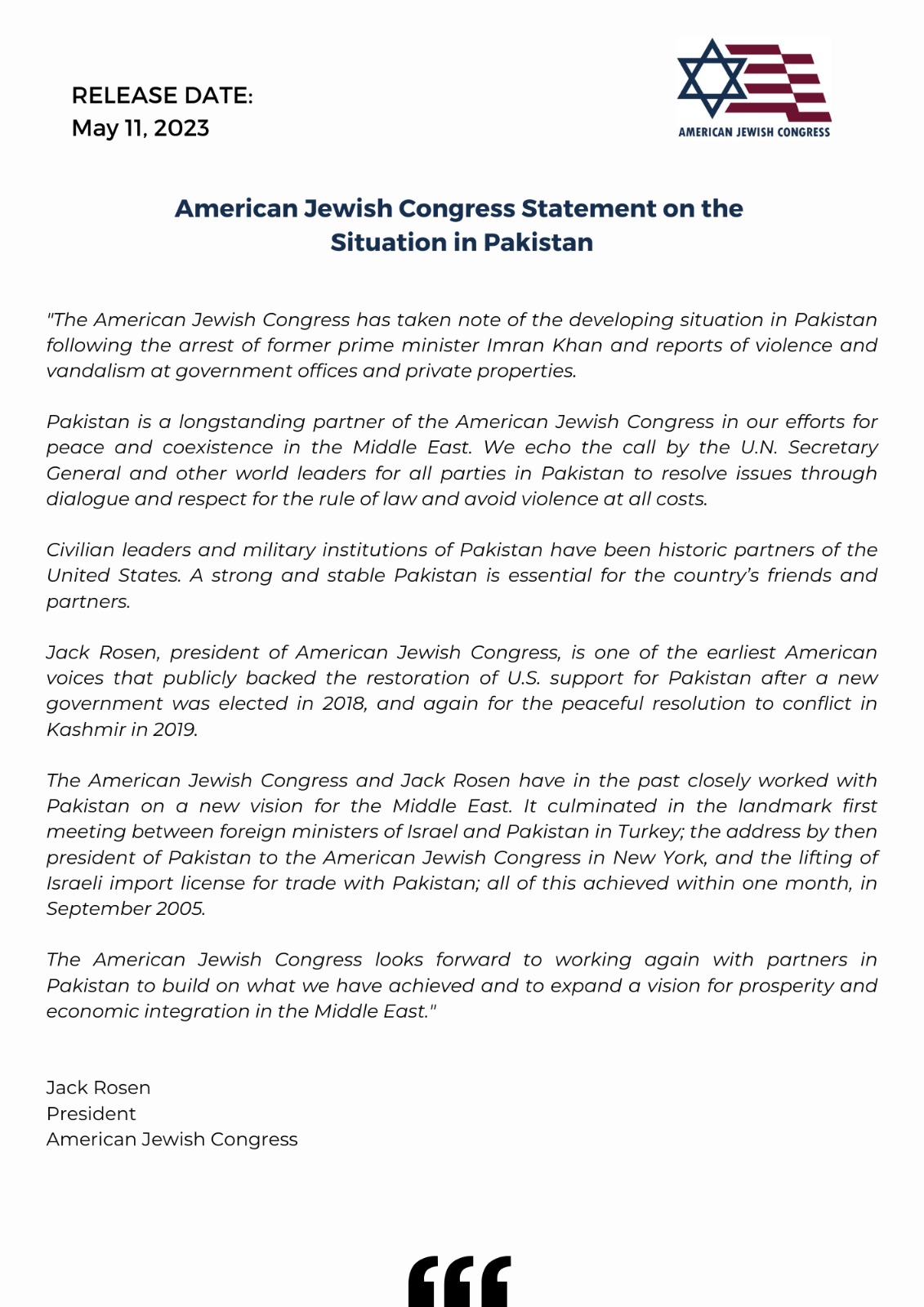 American Jewish Congress Statement On the Situation in Pakistan